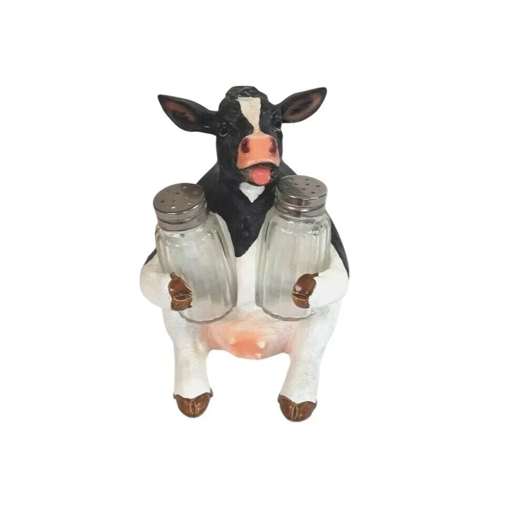 Cow Salt & Pepper Shaker Holder Set Black White Holstein Resin Farmhouse HD25971